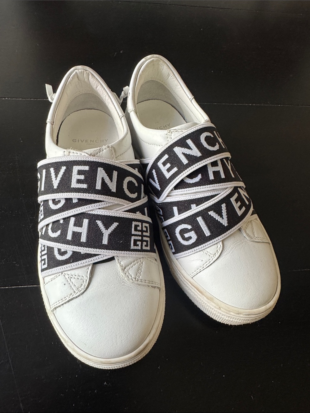 Unisex Kids Givenchy White Sneakers with Black Logo Straps Size 12.5/EU 30
